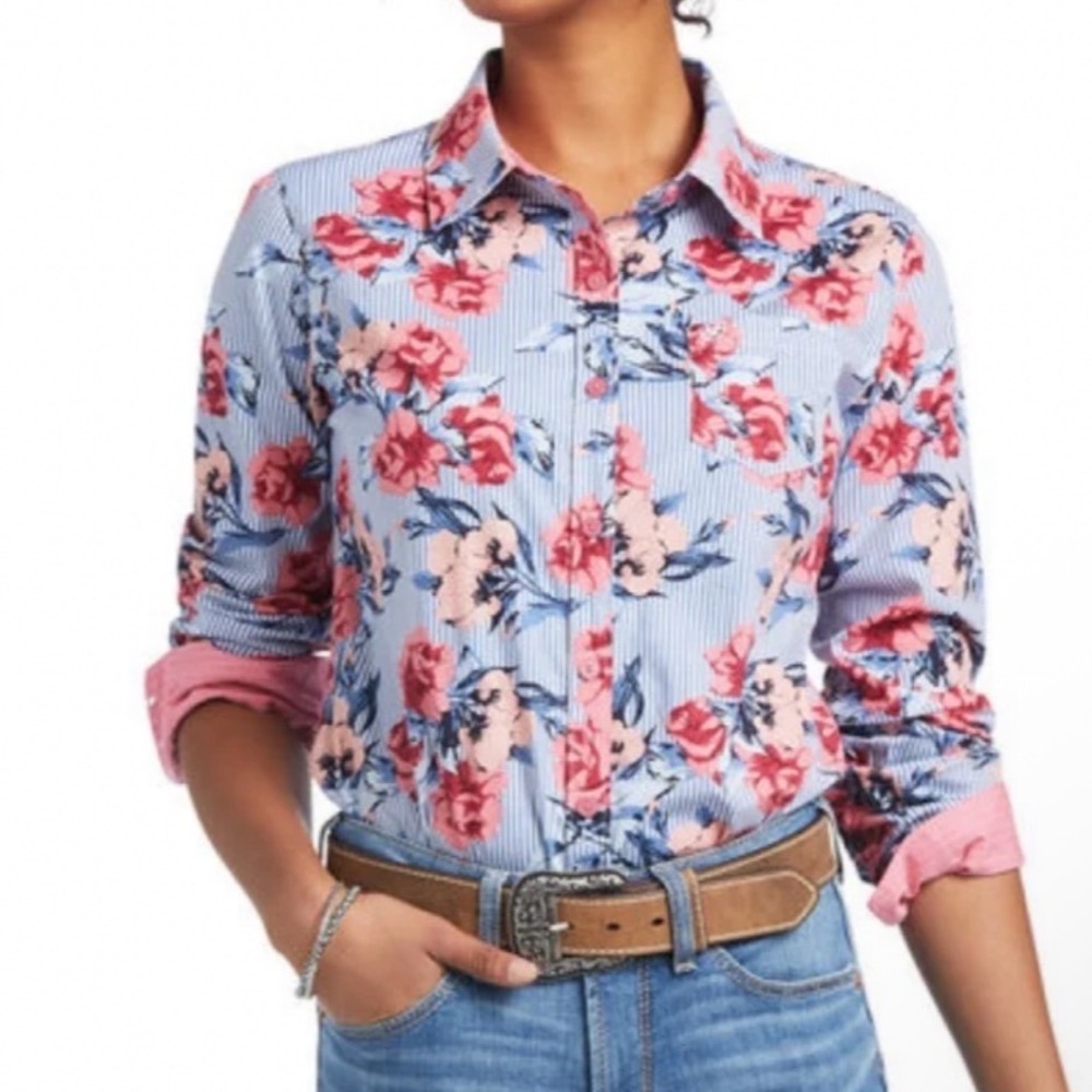 Ariat Real Kirby Stretch Floral Striped Western Shirt Pink Blue 10039340 L